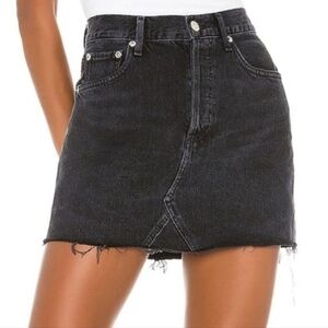 Agolde Womens Quinn Button Fly Black Denim Mini Skirt Frayed Hem Cotton Size 28